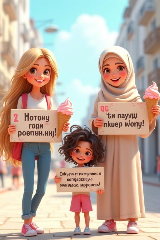 Bright stylized cartoon illustration of three female characters. Cheerful blonde girl with long hair in casual modern clothes. Muslim girl in hijab and loose dress smiling warmly. Three-year-old girl with short curly dark hair looking playful. All holding protest signs with Russian text. Fun ice cream elements. Playful protest vibe with happy expressions.