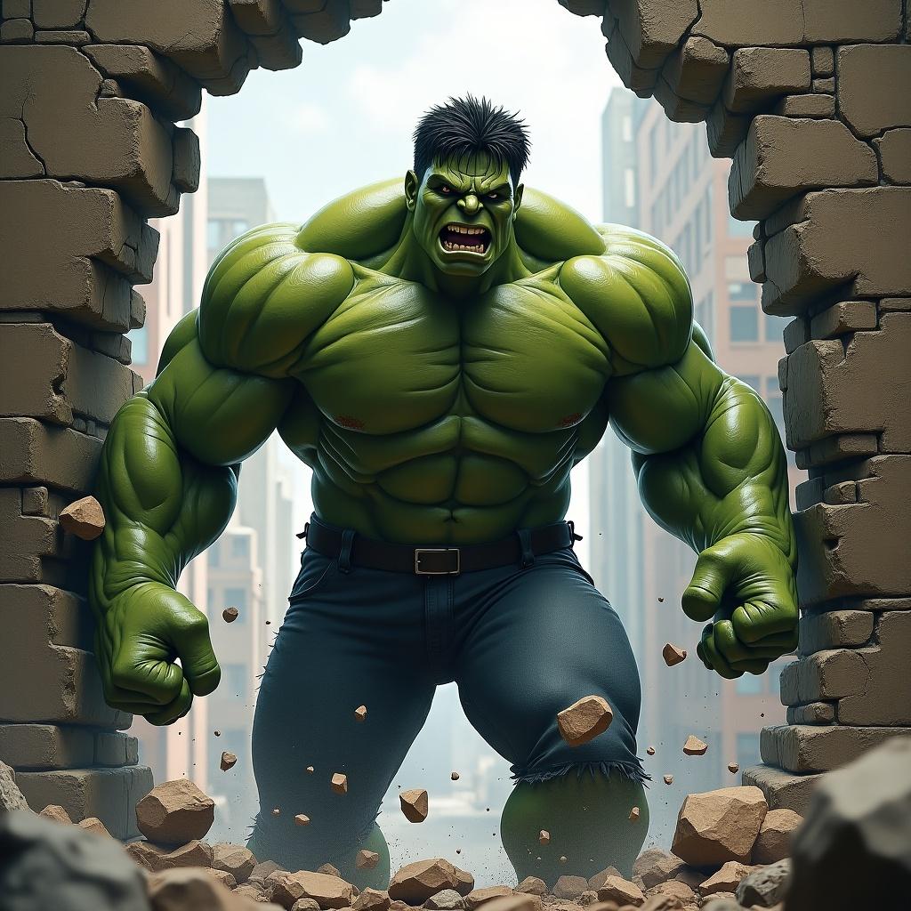 Hulk breaks through a stone wall with debris flying around. The massive green figure showcases immense strength in a dynamic pose. Setting depicts an urban environment with skyscrapers in the background.