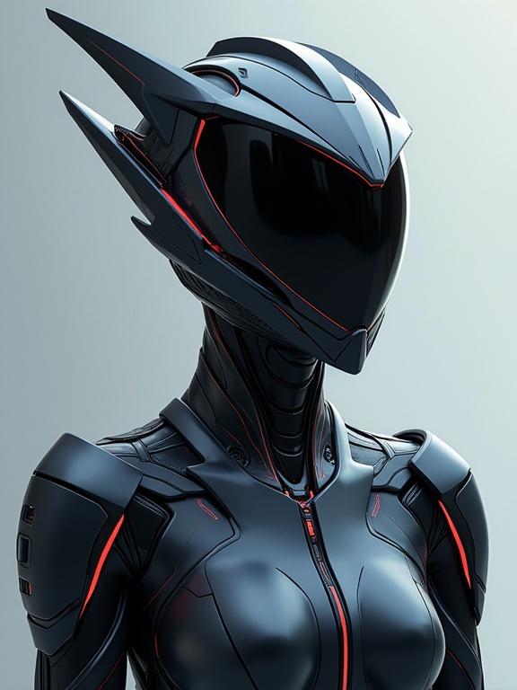 Hi-tech sci-fi sleek power suit with sharp aerodynamic design and angular visor plate helmet. Full body image focusing on details and anime style.