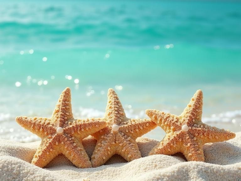 Texture of three starfishes of the same size and form on sand with a turquoise sea water background.