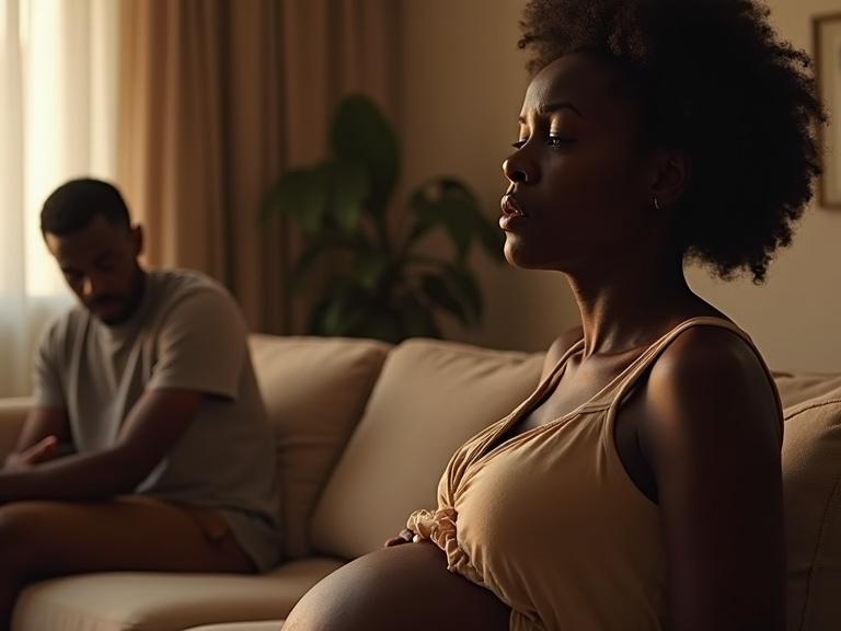 Image of a pregnant woman with African descent sitting on a luxurious couch. Woman is crying and expressing deep emotions. Male partner is sitting silently nearby. Interior features soft light and elegant decor.