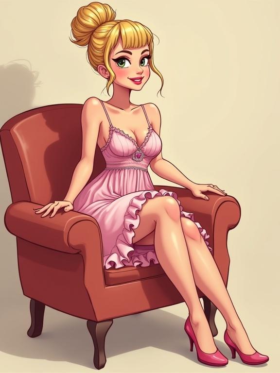 Vector illustration of a confident woman with chubby features. She has blonde hair styled in an updo. She sits on a sofa in a frilly pink dress with crossed legs. The setting has warm lighting and a friendly atmosphere. She looks directly at the viewer with a smile.