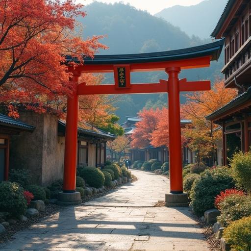 Traditional Japanese houses with a red torii gate surrounded by vibrant autumn foliage and a serene pathway
