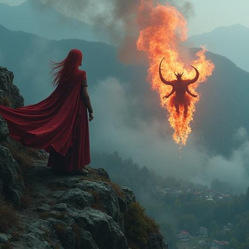 Sorceress with red hair stands on a mountain invoking a fire demon. Below, a village sits enveloped in fog. Dramatic scenery showcases the mystical element.