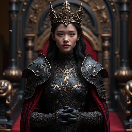 Young woman in black and crimson gothic armor. Ornate grand crown on her head. Stands nervously in a dark throne room. Face has soft and gentle features. Slight blush on cheeks. Shy smile. Head bowed slightly, eyes ahead. Slightly hunched posture. Fingers fidget together nervously. Inviting gesture towards ornate chair. Magical particles float around. Hyper-realistic lighting and ultra-detailed expressions.