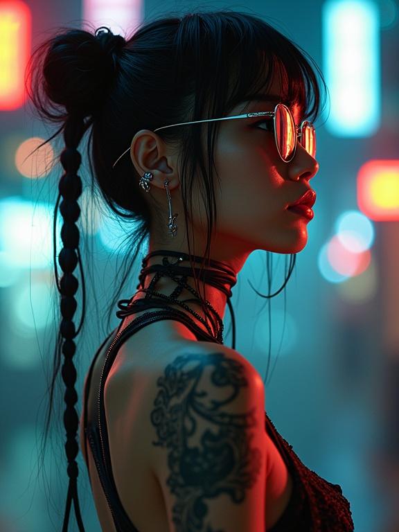 Cyberpunk atmosphere full body portrait of a stunning girl with android features. She has cybernetic implant aesthetics and biomechanical body parts. Cool casual wear and mirror sunglasses. Detailed tattoos on her body. Digital art with high resolution and intricate details. Cinematic angle and lighting with a dynamic warrior pose.