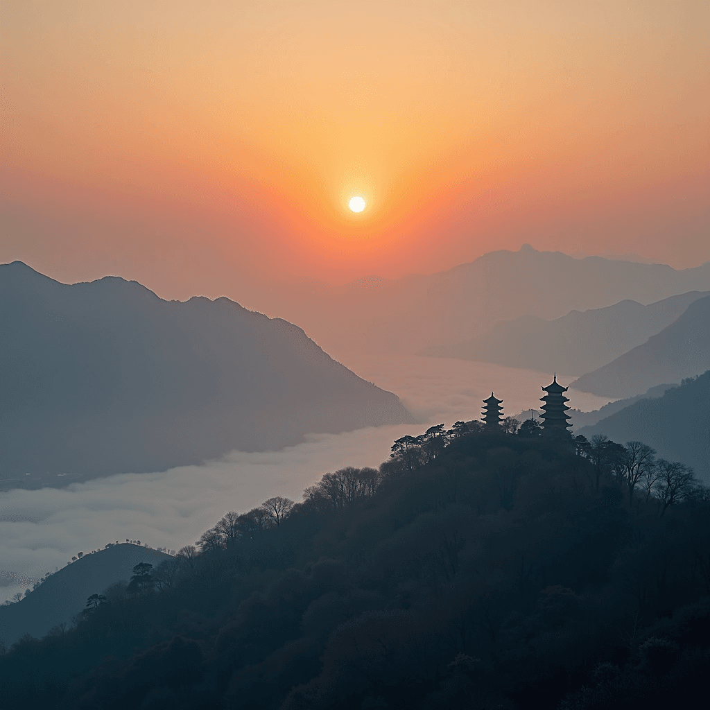 A serene sunrise casts a warm glow over misty mountains and twin pagodas.