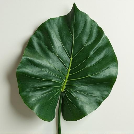 Monstera albo leaf on a neutral background. The leaf is large and green with a prominent vein structure. Image suggests eco-friendliness and botanical aesthetics.