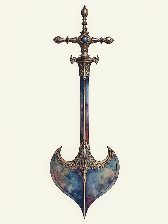 Detailed sword with ornate design in watercolor style. Blade features a mix of blue and red colors. Cross-shaped hilt with decorative elements. Soft background emphasizing colors and details.