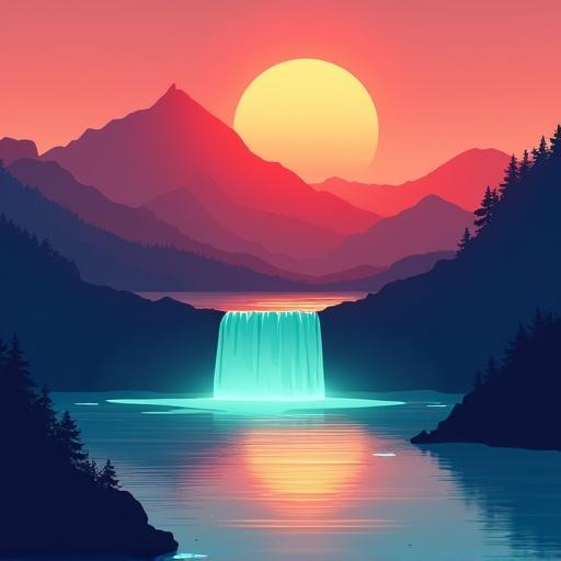 Serene stylized landscape at sunset with glowing mountain in the background smooth gradients in red and orange glowing turquoise waterfall flowing into reflective lake vibrant color palette digital art vector style calm tranquil mood soft lighting atmospheric depth inspiring atmosphere clean illustration style