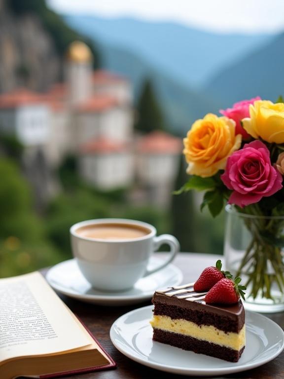 Charming image of an outdoor cafe setting. Scenic view of a hillside village and mountains in the background. Table features coffee cups, a slice of chocolate cake with strawberries, an open book, and a vase of colorful roses.