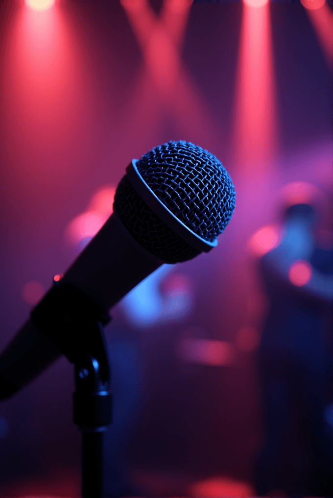 A microphone in sharp focus with colorful, blurred stage lights and performer silhouettes in the background.