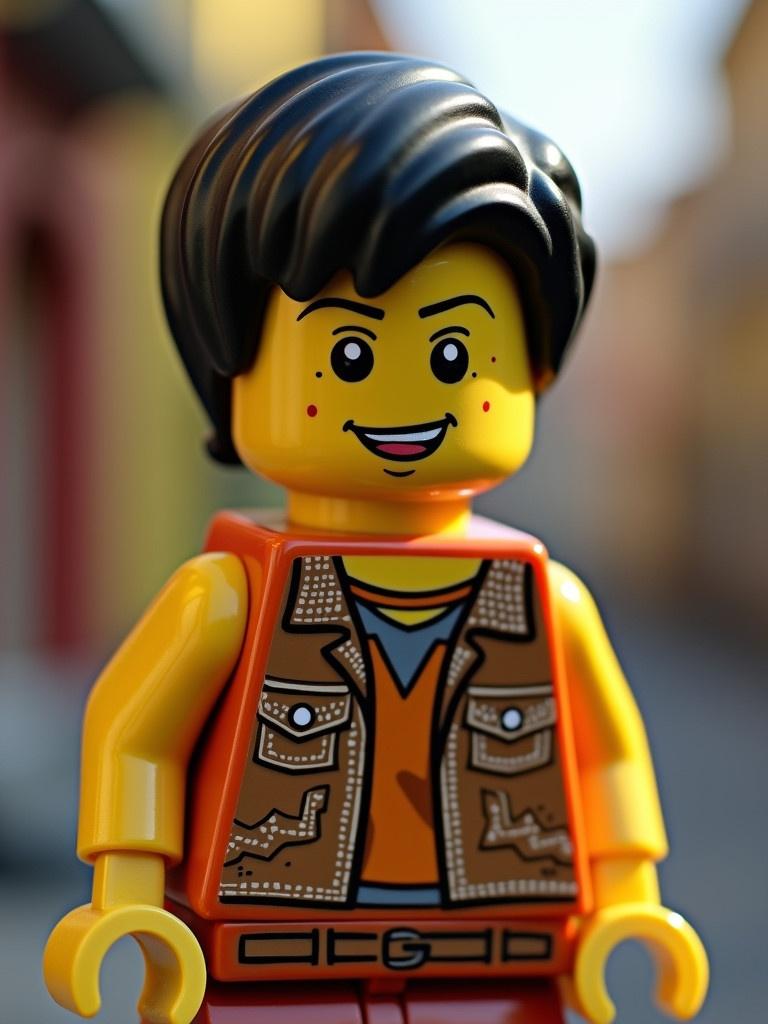 Lego character standing outdoors. Character has short black hair and a cheerful expression. Figure wears a brown vest over an orange shirt. Designed for children's playful representation.