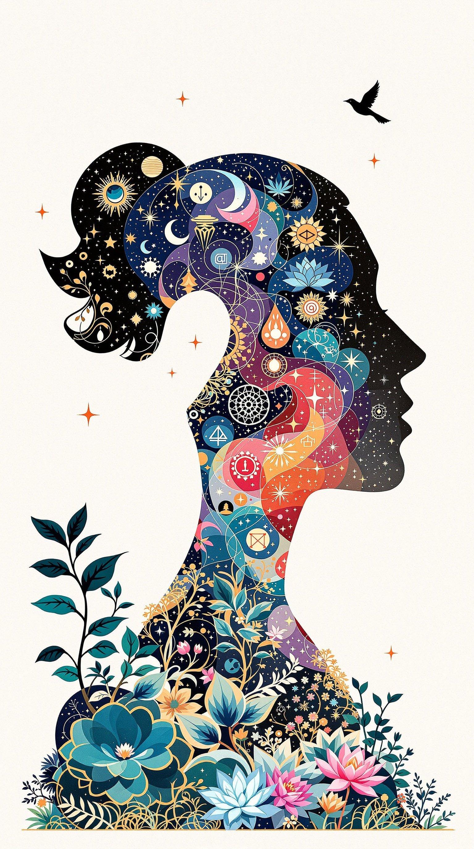 A profile silhouette of a woman practicing yoga fills with swirling ethereal symbols and colors. Intricate gold patterns adorn the silhouette. Dark turquoise leaves grow in the lower left corner. A lotus flower and a small bonsai tree are present. A bird flies above her head. The image has a vintage ethereal look with watercolor-like texture.