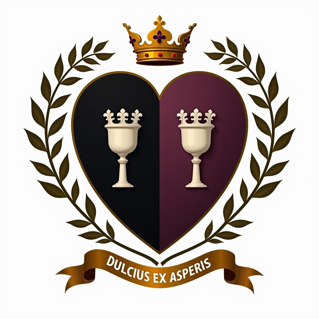 A heart-shaped heraldry shield featuring two goblets. The shield is divided vertically into black on the left and dark-purple on the right. A golden crown is placed above the shield. Vines surround the shield and a ribbon at the bottom displays the motto 'Dulcius Ex Asperis'.