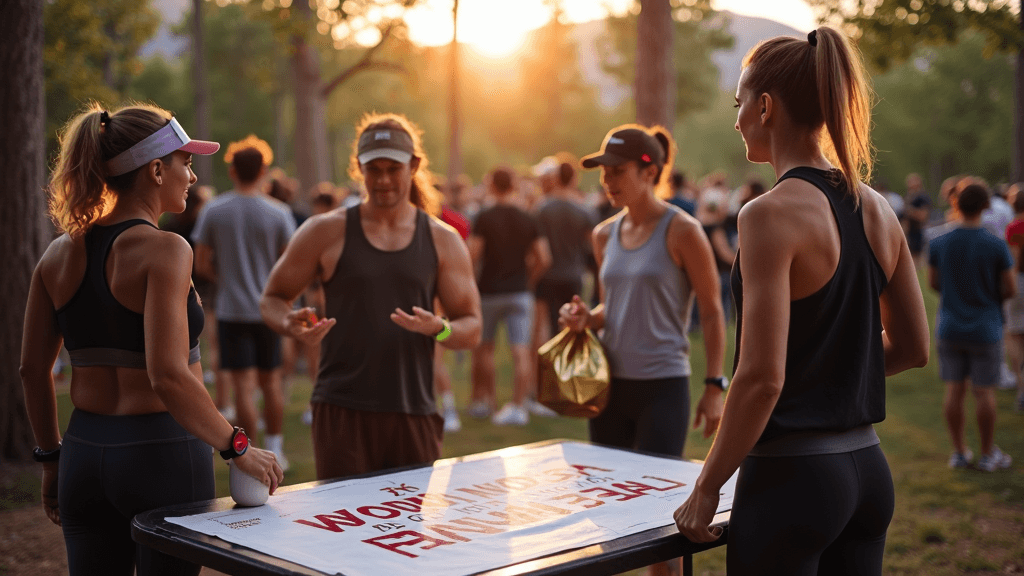 The image shows a group of athletic individuals gathered around a table with a race banner, set in a park with trees and a warm sunset glow.