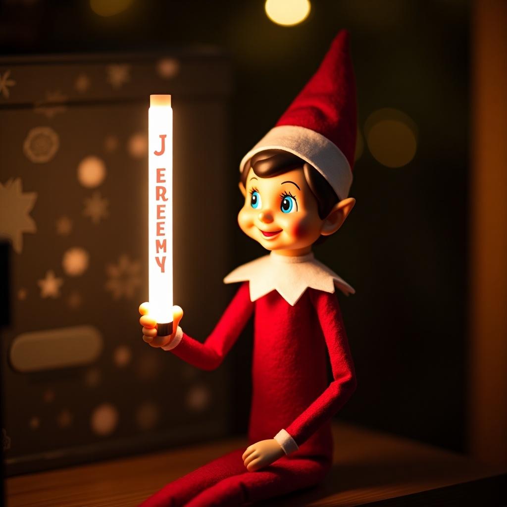 Elf on the Shelf joyfully holds a glow stick with the name Jeremy. The elf is dressed in classic red and white attire. The background is softly illuminated, creating a warm festive atmosphere.