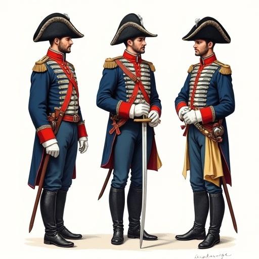 Illustration of military figures in detailed historical uniforms. Three figures in various poses showcasing classic cavalry outfits. Rich details in attire including hats, jackets, and accessories. Style reminiscent of classical uniformology with clear lines and precise colors.
