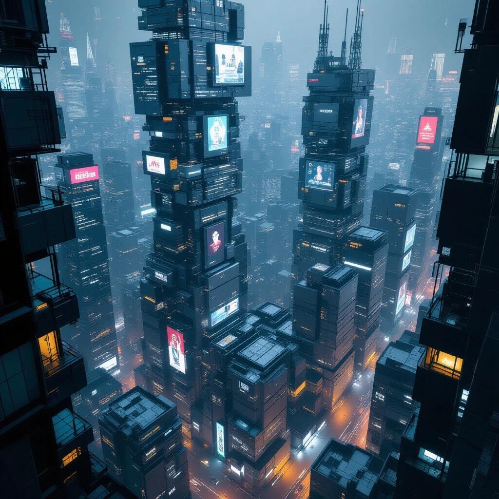 Dystopian cyberpunk cityscape with textures. Buildings made of grey cardboard wood boards thermocol. Brutalist structures in geometric shapes. Megalithic skyscrapers with silver windows and glass panels. Nighttime setting with hyperrealistic details seen from a high rise apartment.