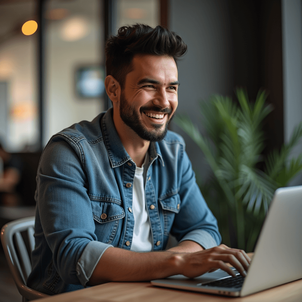 A man in a denim jacket is happily working on a laptop.