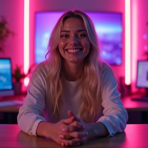 A young female influencer smiles at the camera while sitting at a streaming desk. Her hands are positioned above the table making subtle gestures. The scene is illuminated with neon lights in the background.