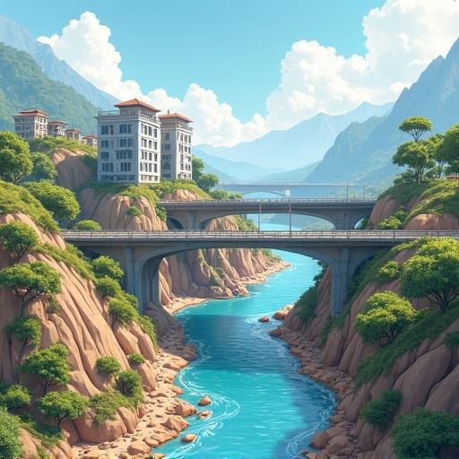 Visual representation of urban infrastructure featuring bridges and buildings. Includes a river with a cartoon style. Highlights construction features.