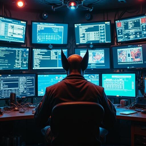 Wolverine inside a high-tech military command center. Surrounded by LED and LCD monitor screens, computers, advanced military gadgets, neon fluorescent lamps, wires and electronic contraptions.
