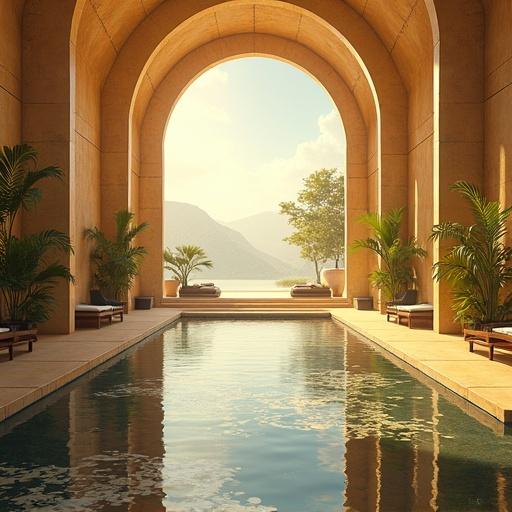 Anime setting inspired by a luxurious mega mansion spa. Contains oversized modern architecture. Features light gold and onyx black elements. Includes a serene pool and architectural archways. Illustrates a bright morning scene in a futuristic Tokyo.