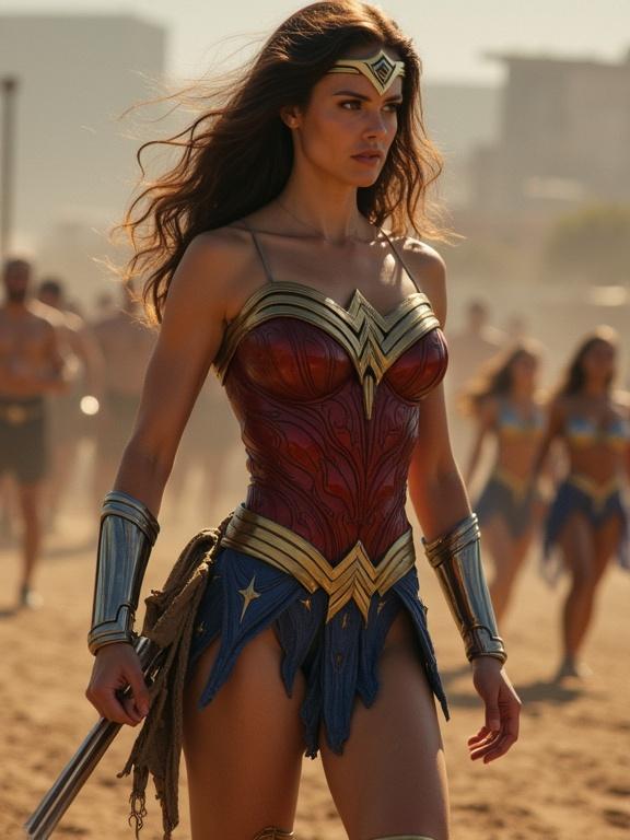 Wonder Woman character in a dynamic pose on a sandy terrain surrounded by other characters