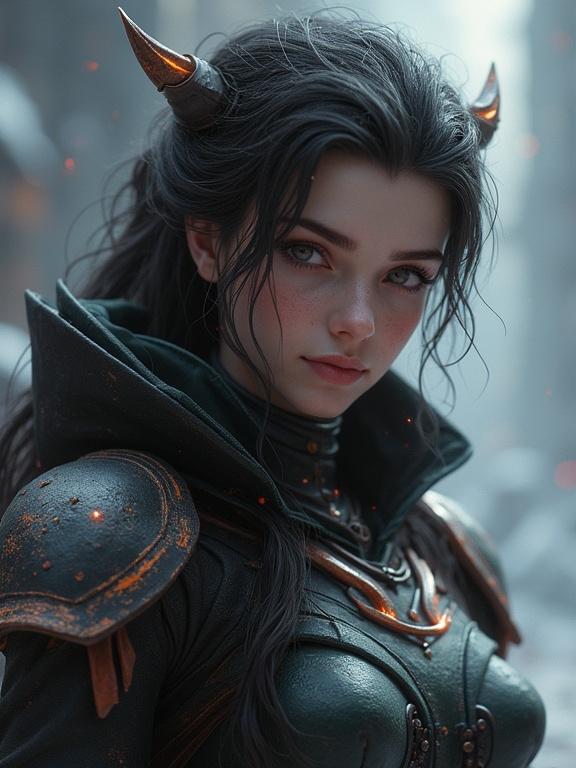 Digital portrait of a fictional character with horns and detailed armor. Features soft lighting and a mystical background. Evokes an otherworldly atmosphere.