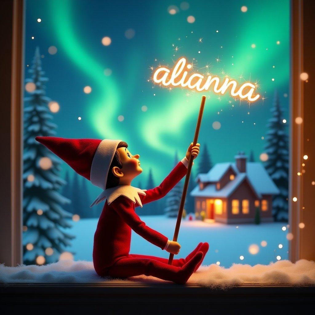 An elf on the shelf sits with its back to the viewer, gazing skyward. It holds a glowing wand that emits sparkling light. The background showcases a charming Christmas scene with colorful northern lights swirling above. In the distance, a cozy house can be seen, decorated for the holidays. Snow covers the ground, adding to the winter atmosphere. The elf is in a playful position, embodying the spirit of magic and wonder associated with Christmas.