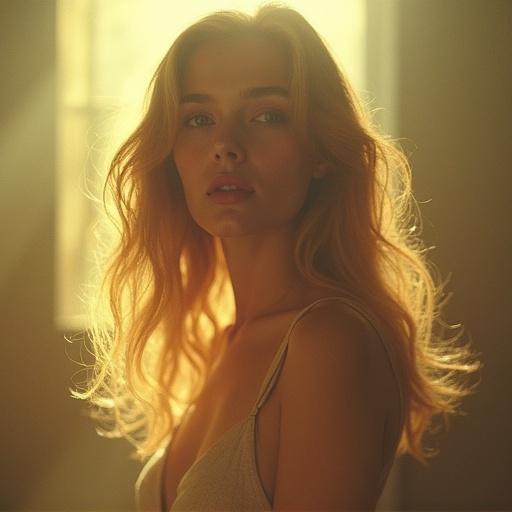 A shy young woman standing in soft sunlight. Hazy dreamy atmosphere with revealing clothing. Long flowing hair illuminated by the light. evoking a sense of innocence and beauty.
