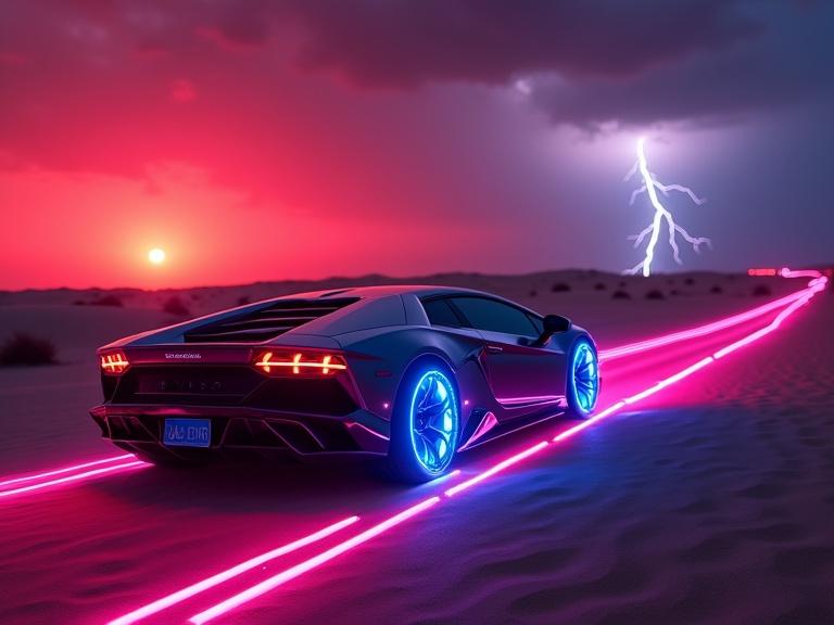 Vibrant deep blue and red light in a cyberpunk style. Futuristic Lamborghini with laser light rims. Desert scene at sunset with lightning in the background. Seven lines of laser light trail.