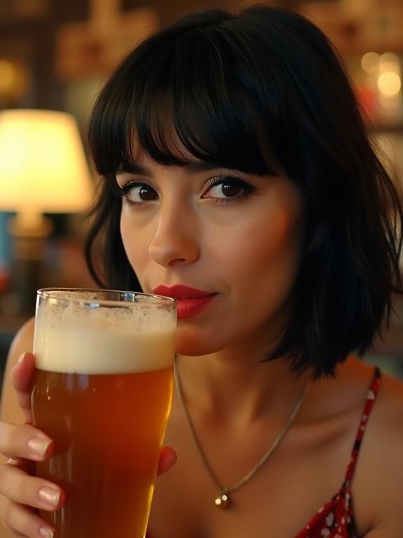 The image shows a woman with dark hair and bangs in a casual setting. She holds a pint glass of beer and has bold makeup. She wears a floral top and necklace. The lighting is warm and ambient. The atmosphere is cozy and inviting.