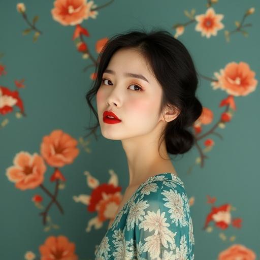 Portrait of an Asian woman in a profile view. She has red lips and wears a teal dress with floral patterns. The background features a matching floral design. The expression conveys elegance and serenity.