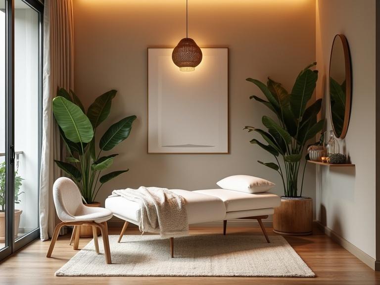 A cozy spa corner designed with soothing colors. Gentle lighting enhances the tranquil ambiance. Indoor plants add freshness. A comfortable treatment table is the focal point. Warm tones create a welcoming environment.