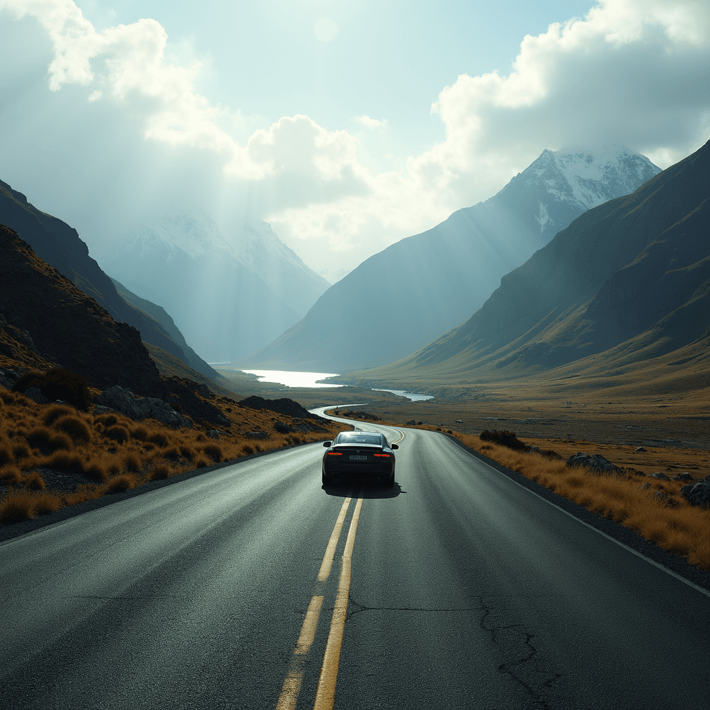 A sleek car travels down a winding road in a stunning valley, surrounded by majestic mountains under a sky filled with scattered clouds and sun rays.