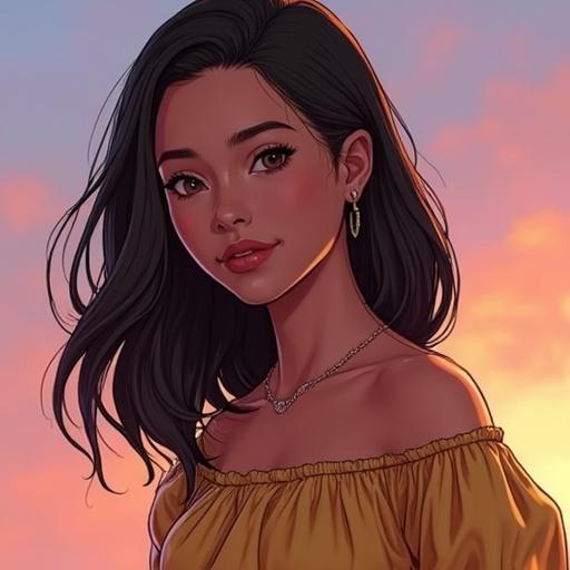 Portrait of a female character inspired by video games in an urban setting. Character has dark hair and is smiling. Background features soft lighting and neutral tones.