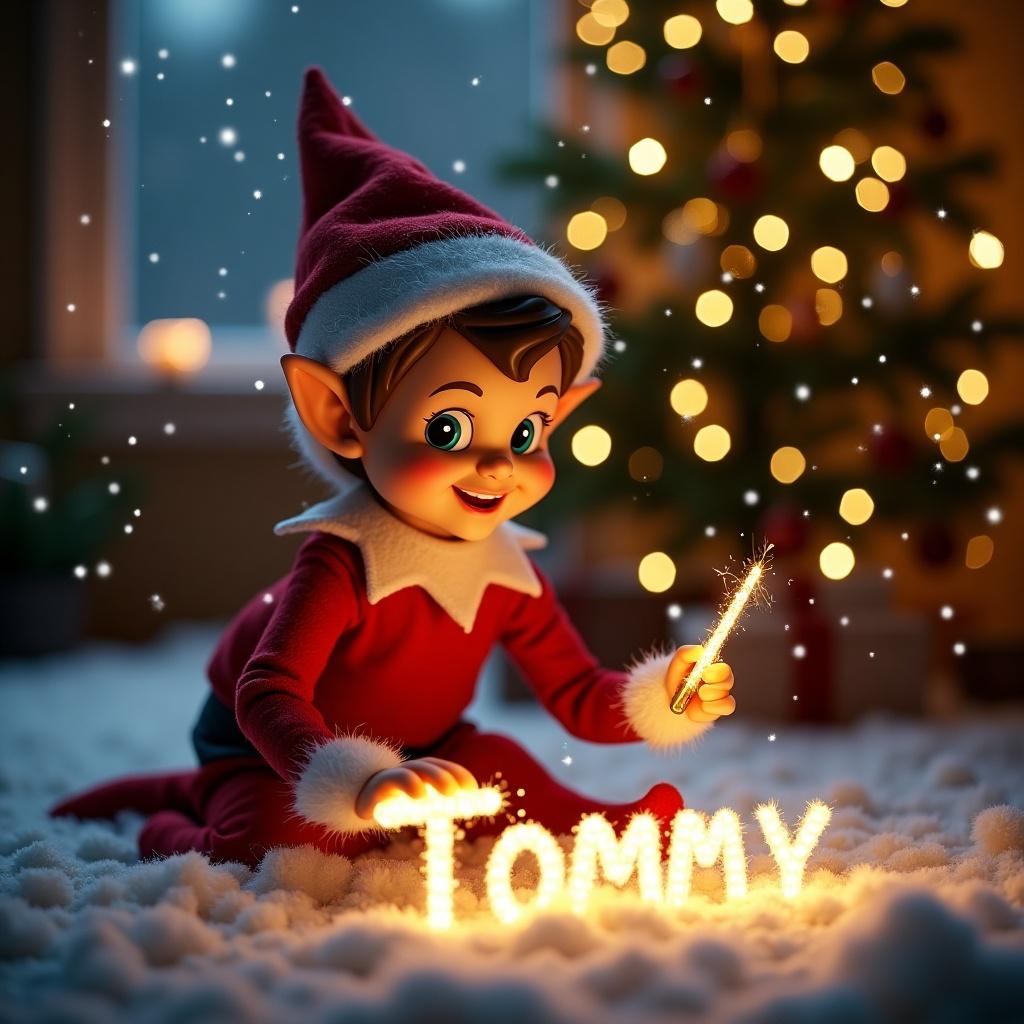 The image depicts a charming Christmas elf named Tommy, joyfully creating a glowing name using a sparkler. The setting is cozy, featuring a beautiful Christmas tree adorned with lights in the background. The elf has bright features, with a festive red outfit and cheerful expression. Soft white snow blankets the ground, enhancing the magical winter atmosphere. Flickers of light dance around, creating a whimsical holiday scene.