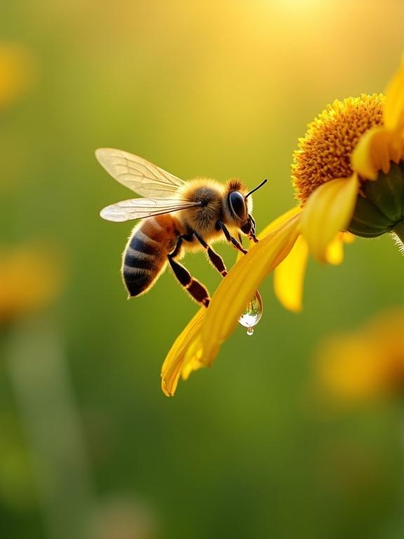 Extreme realistic close-up of a honeybee in flight with wings semi-transparent against morning light. Background dissolves into soft green bokeh from distant foliage with a single dewdrop hanging from a foreground flower petal.