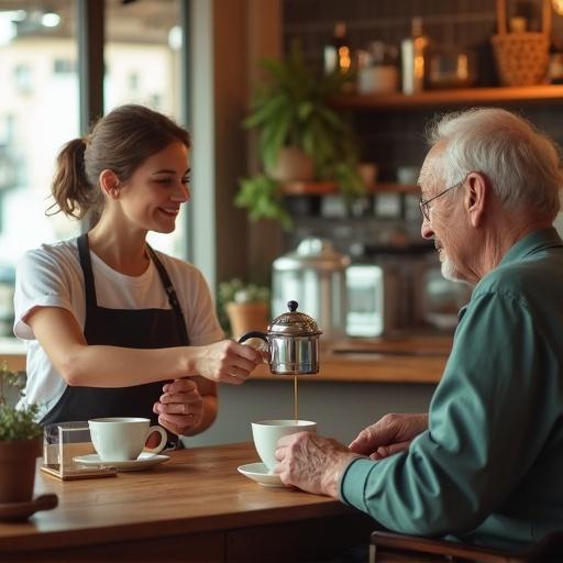 A waitress pours tea into an elderly man's cup at a café during noon. The scene is warm and welcoming. It's photorealistic in style.