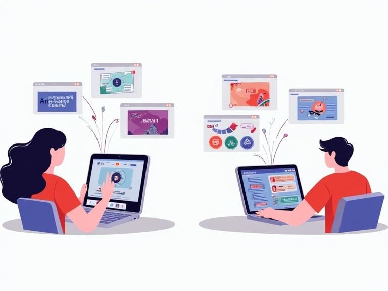 A digital illustration features two views of an EduTok creator. On the left, a creator uses a smartphone with TikTok open, tapping on editing tools, with animations above the phone. On the right, the same creator designs an infographic on a laptop showing the Canva interface. Arrows connect both scenes to a finished TikTok preview on another device. Style is modern and tech-inspired with bright colors.