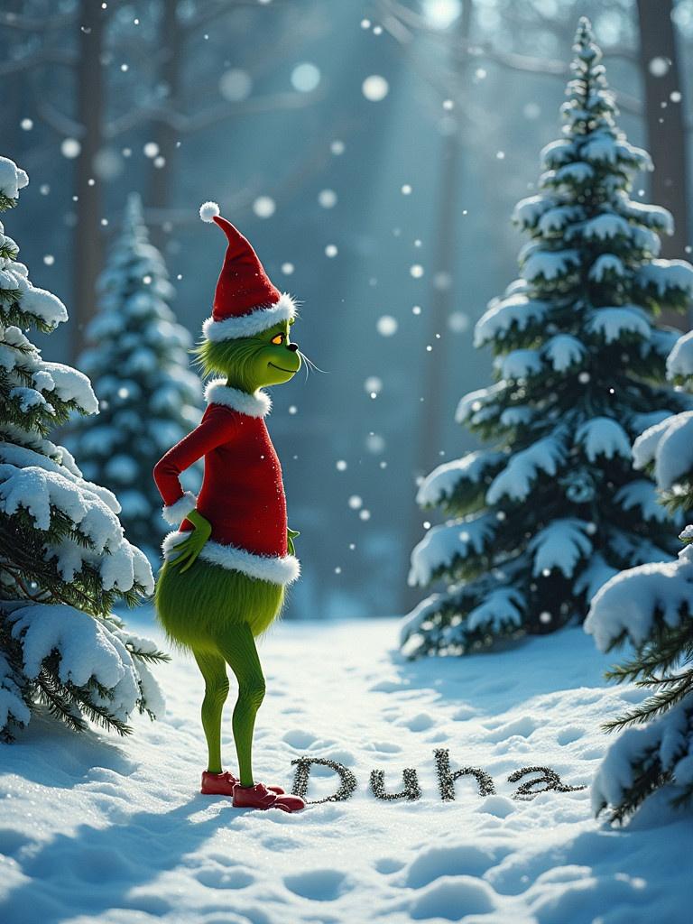 The Grinch stands outside in snow. Surrounded by Christmas trees. Grinch wears a red Santa hat and coat. Writing 'Duha' in the snow.