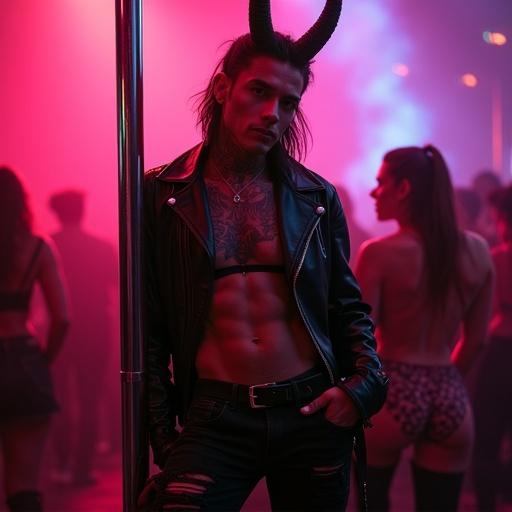 Full body portrait of a modelesque incubus in a dimly-lit nightclub. Muscular form leans against a chrome pole. Vampiric fangs visible. Inky black eyes smoldering. Sweat-covered crimson skin reflects neon lights. Intricate tattoos on muscular frame. Long mullet and impala horns. Dressed in ripped black jeans and open studded leather jacket. Tattered black crop top revealing abs. Oversized combat boots. Tail swaying with music. Scene filled with vibrant colors and anticipation.