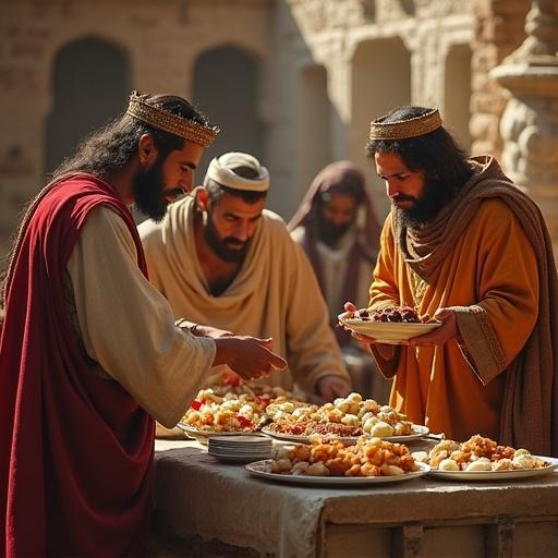 Ancient Hebrews sharing food and helping each other in a communal setting. Focus on interactions and generosity. Warm atmosphere and historical details.