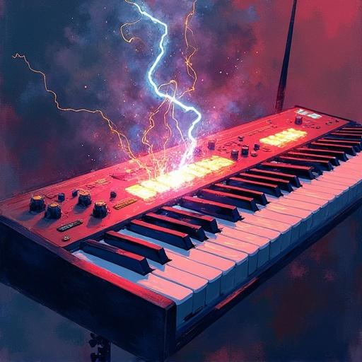 Album cover displayed synth with electric sparks. Style is watercolors representing music energy.