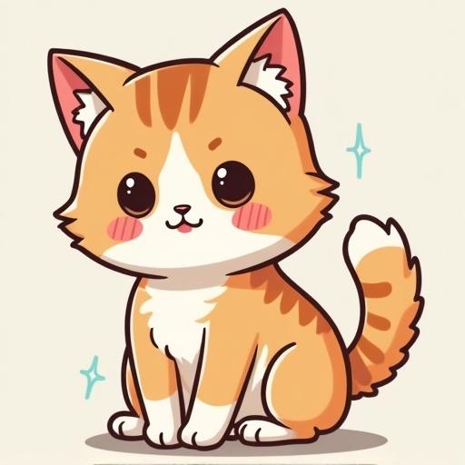Kawaii illustration of a cat with orange and white fur. Cat has large expressive eyes and a cute smiling face. Tail is fluffy and curled. Cartoon style emphasizing cuteness and charm.