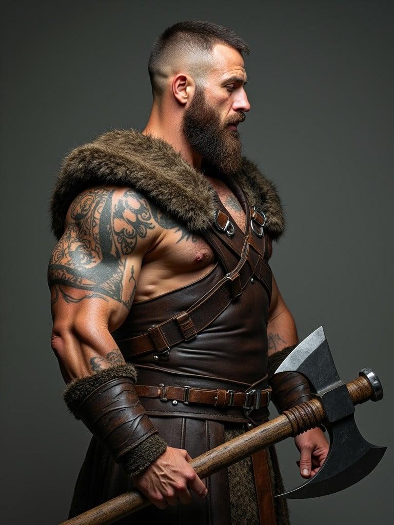 Portrait of a muscular barbarian warrior. He wears leather armor and holds a double handed axe. He has trimmed short hair and a beard. Strong facial features with tattoos. Soft lighting highlights his physique.