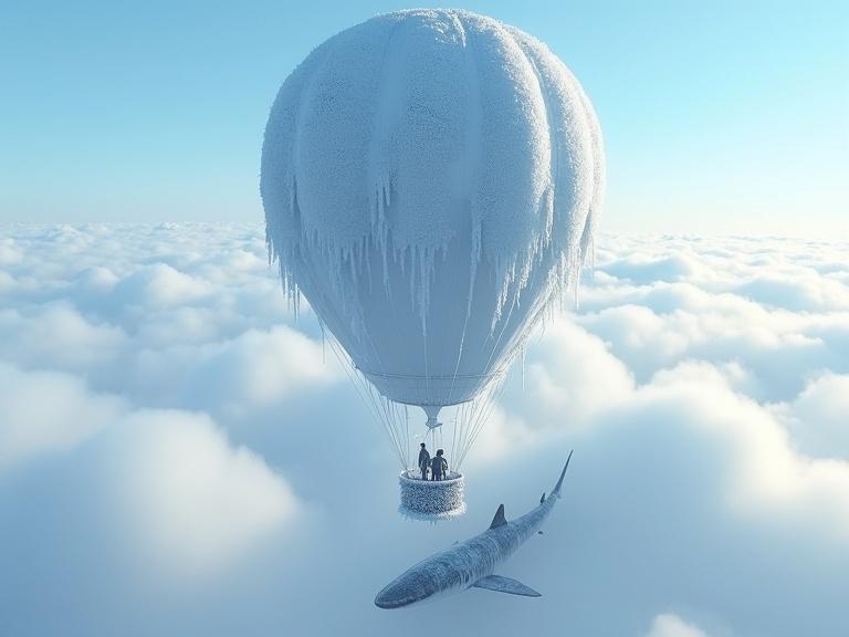 Highly detailed photorealistic image of an ice-covered hot air balloon floating over fluffy clouds against a blue sky. Balloon has thick frost layers and icicles. Two figures inside basket are encased in ice. Below, a great white shark swims in clouds. Soft diffused sunlight highlights ice. Overall mood is tranquil and mysterious.
