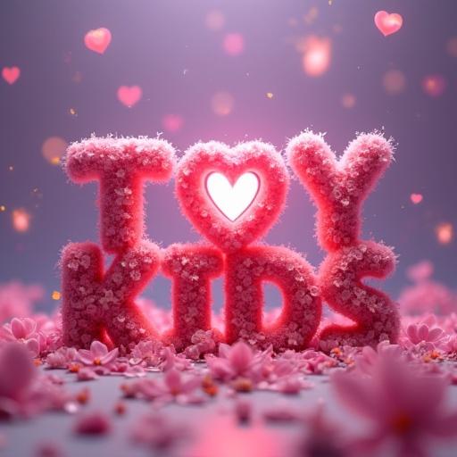 3D artwork with words TOY KIDS made of pink rose petals and magenta orchids. Heart emoji glows above the text. Soft light creates magical atmosphere with sparkles. Background has gradient from violet to blush pink.